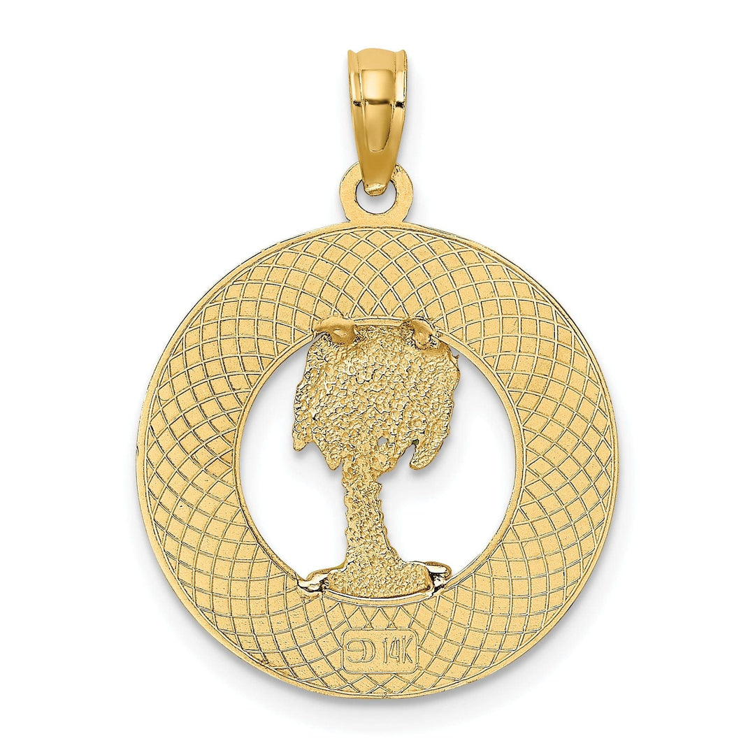 Lovely Rita's Pendants & Charms 14K Yellow Gold Polished Textured with Green Enamel Finish FLORIDA Palm Tree in Circle Design Charm Pendant