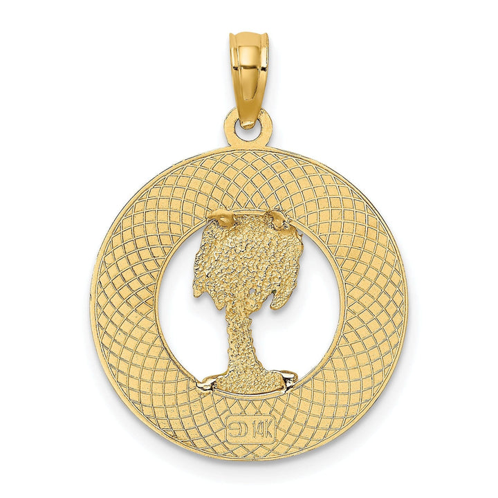 Lovely Rita's Pendants & Charms 14K Yellow Gold Polished Textured with Green Enamel Finish FLORIDA Palm Tree in Circle Design Charm Pendant