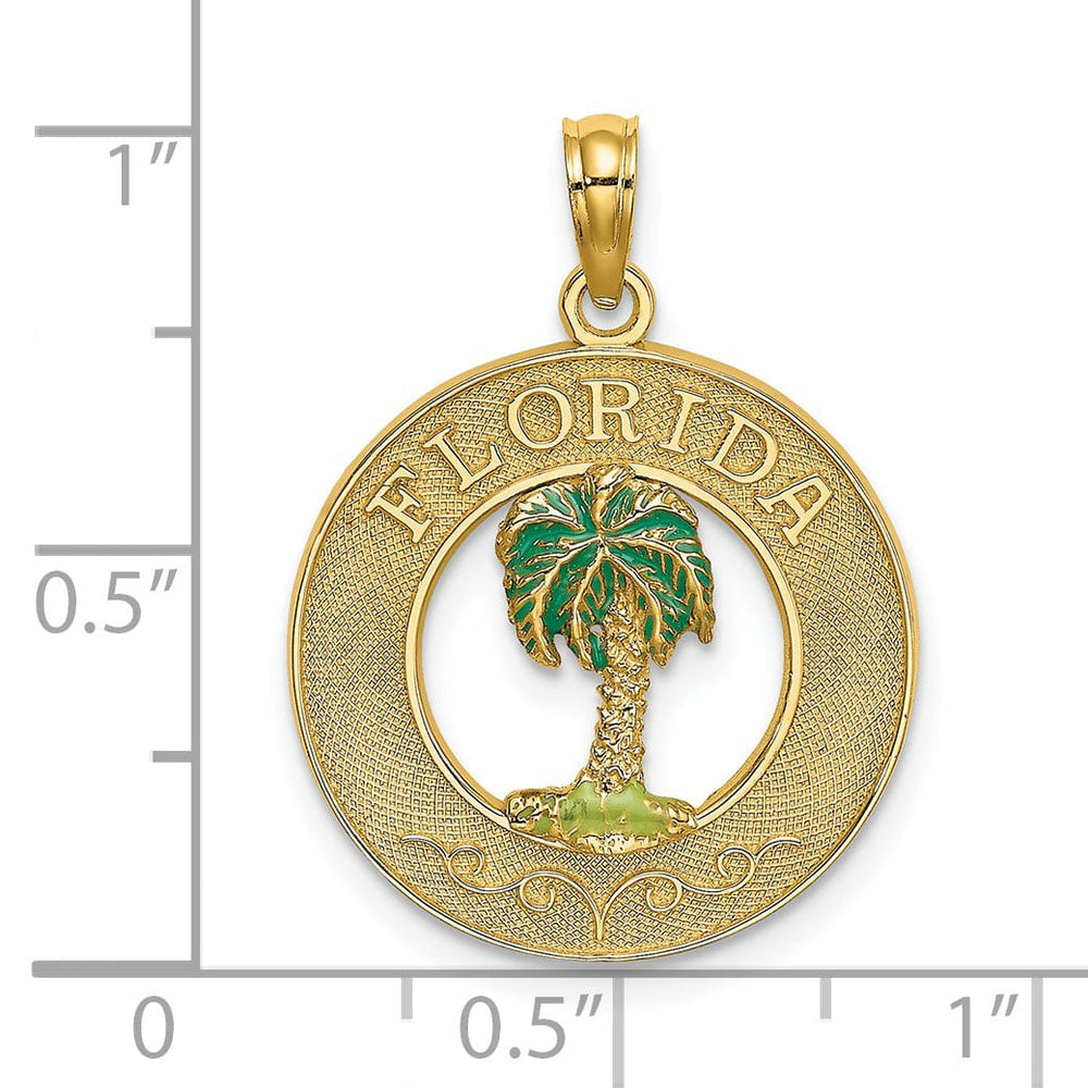 Lovely Rita's Pendants & Charms 14K Yellow Gold Polished Textured with Green Enamel Finish FLORIDA Palm Tree in Circle Design Charm Pendant