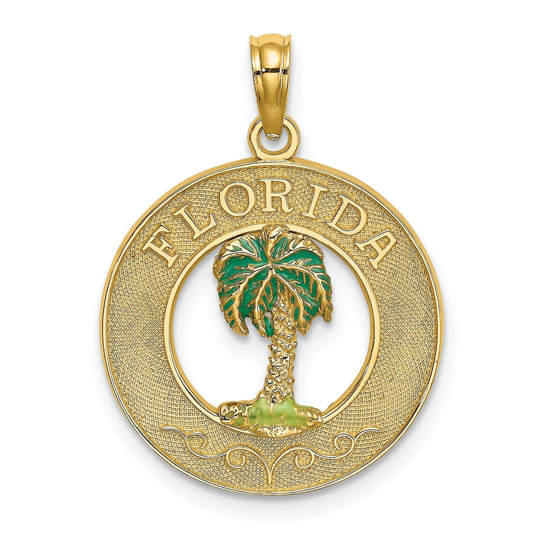 Lovely Rita's Pendants & Charms 14K Yellow Gold Polished Textured with Green Enamel Finish FLORIDA Palm Tree in Circle Design Charm Pendant