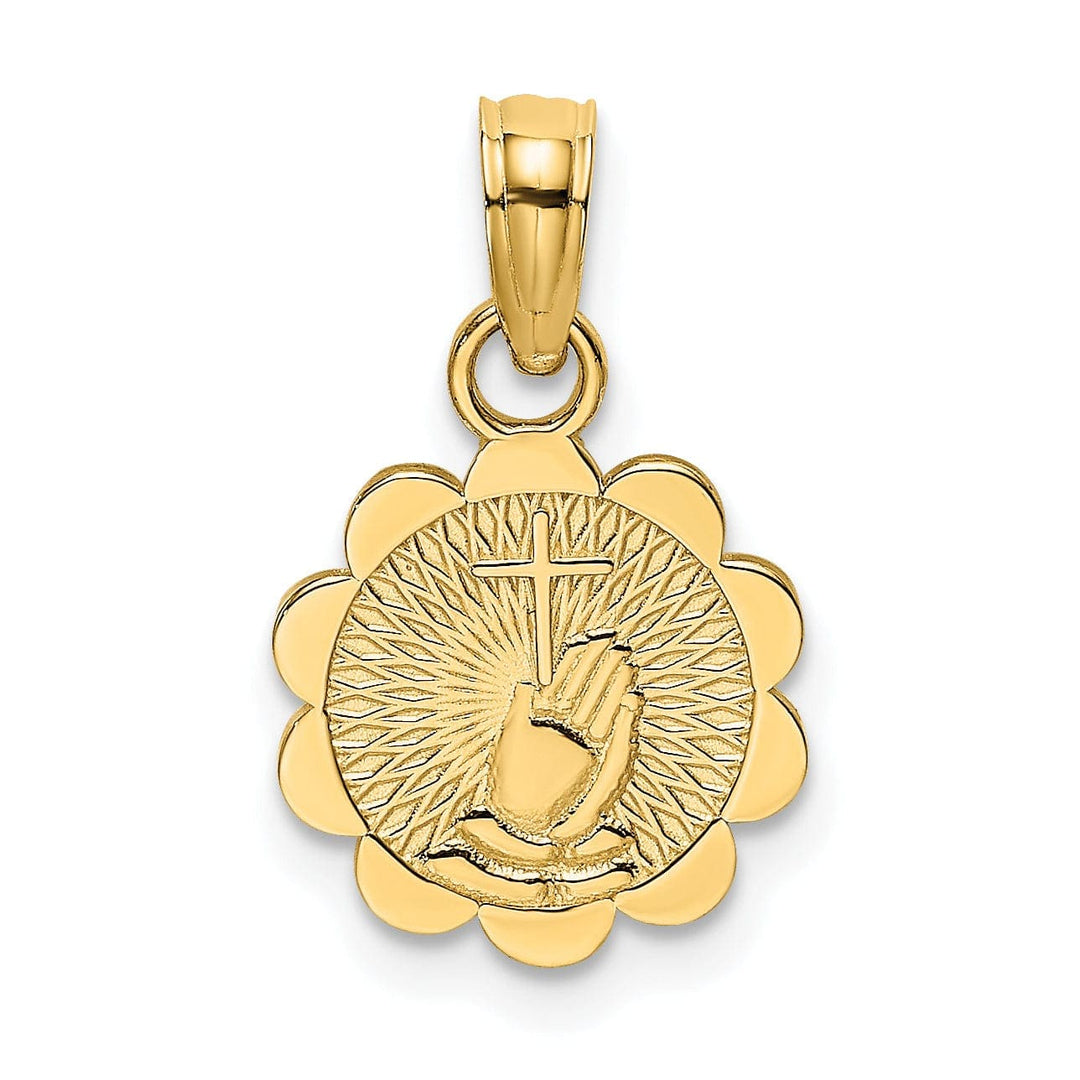 Lovely Rita's Pendants & Charms 14K Yellow Gold Praying Hands holding Cross In Round Disc Pendant