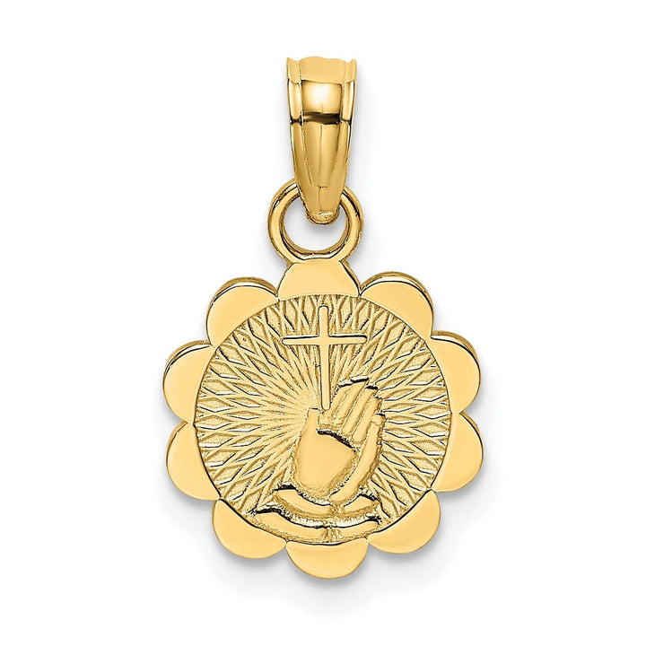 Lovely Rita's Pendants & Charms 14K Yellow Gold Praying Hands holding Cross In Round Disc Pendant