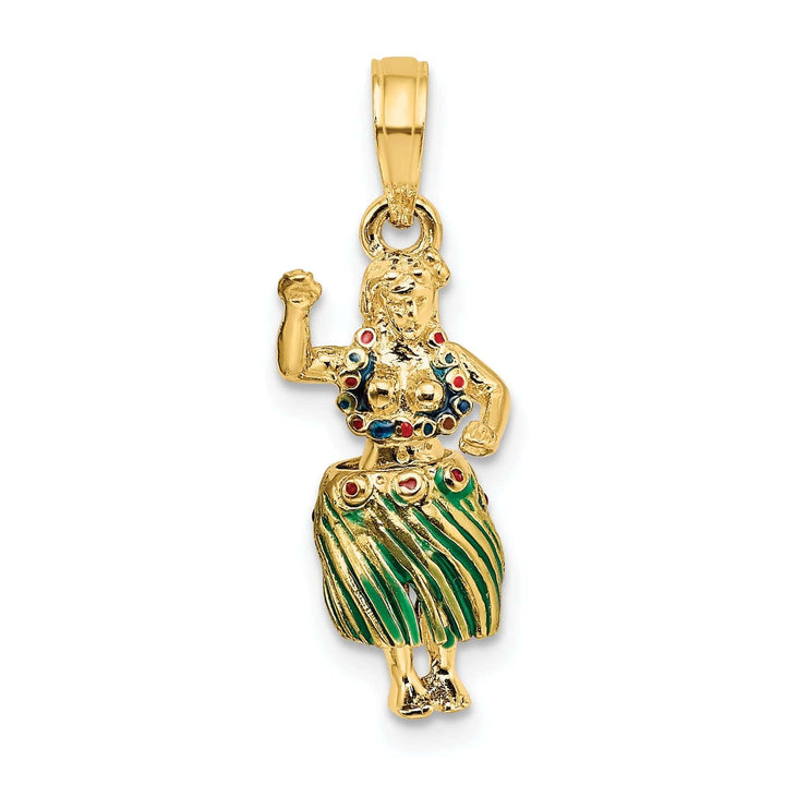 Lovely Rita's Pendants & Charms 14K Yellow Gold Red, Green Enameled Polished Finish 3-Dimensional Hula Girl With Moveable Grass Skirt Charm Pendant