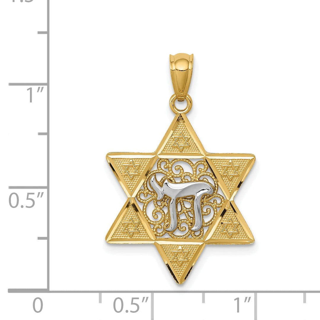 Lovely Rita's Pendants & Charms 14k Yellow Gold Rhodium Polish Star of David with Chai Design Pendant