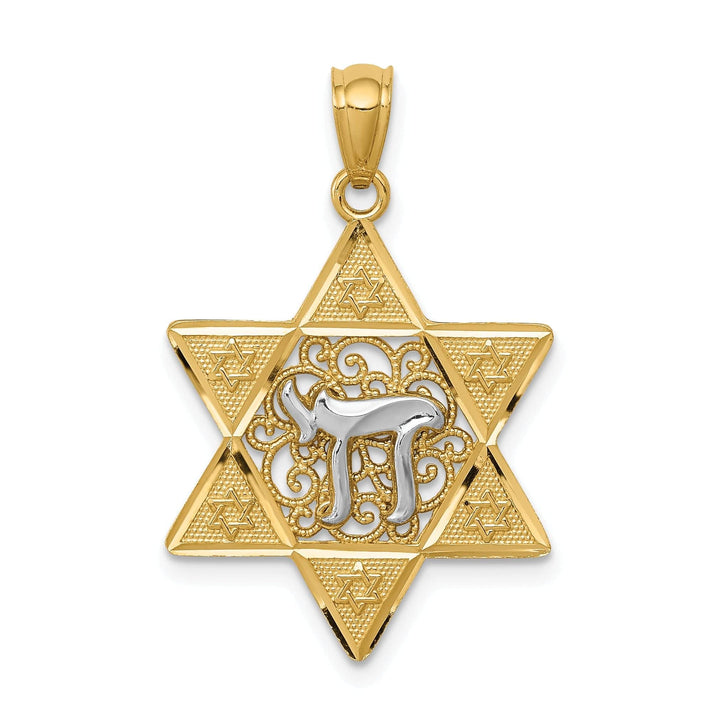 Lovely Rita's Pendants & Charms 14k Yellow Gold Rhodium Polish Star of David with Chai Design Pendant