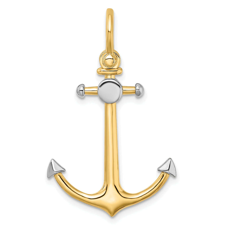 Lovely Rita's Pendants & Charms 14K Yellow Gold Rhodium Polished Finish 3-Dimensional Anchor with Long T Bar and Shackle Bail Charm Pendant