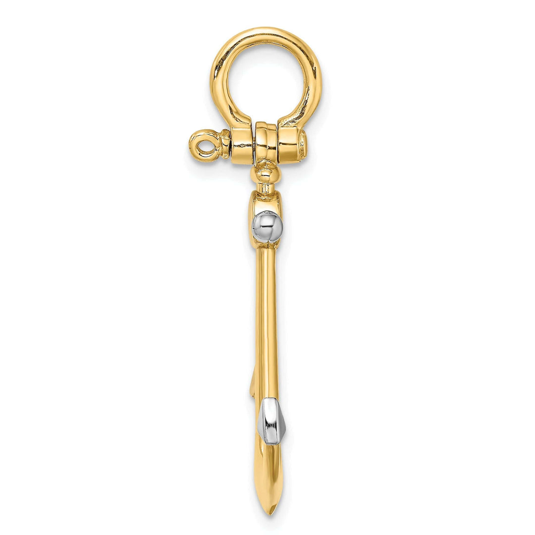 Lovely Rita's Pendants & Charms 14K Yellow Gold Rhodium Polished Finish 3-Dimensional Anchor with Long T Bar and Shackle Bail Charm Pendant
