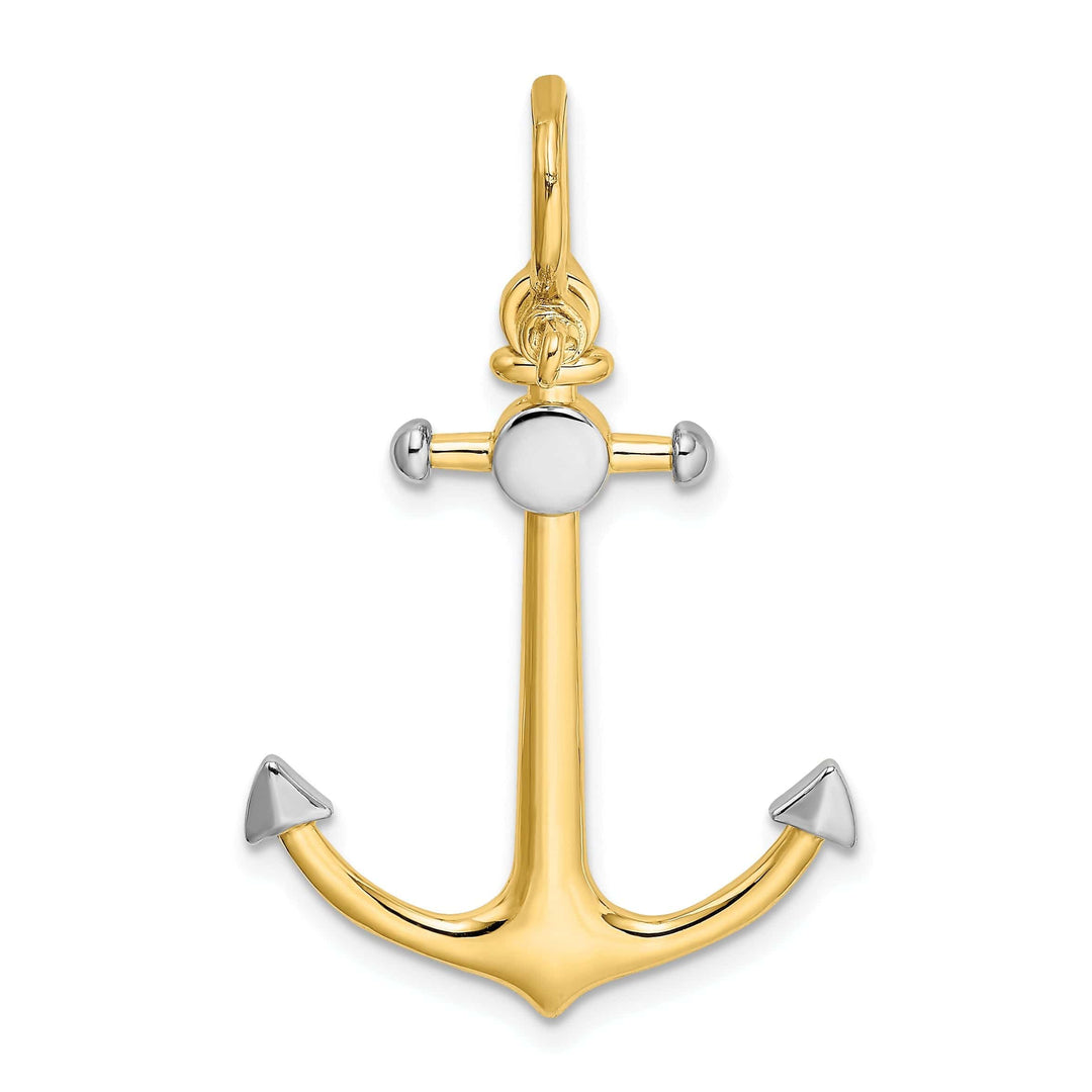Lovely Rita's Pendants & Charms 14K Yellow Gold Rhodium Polished Finish 3-Dimensional Anchor with Long T Bar and Shackle Bail Charm Pendant