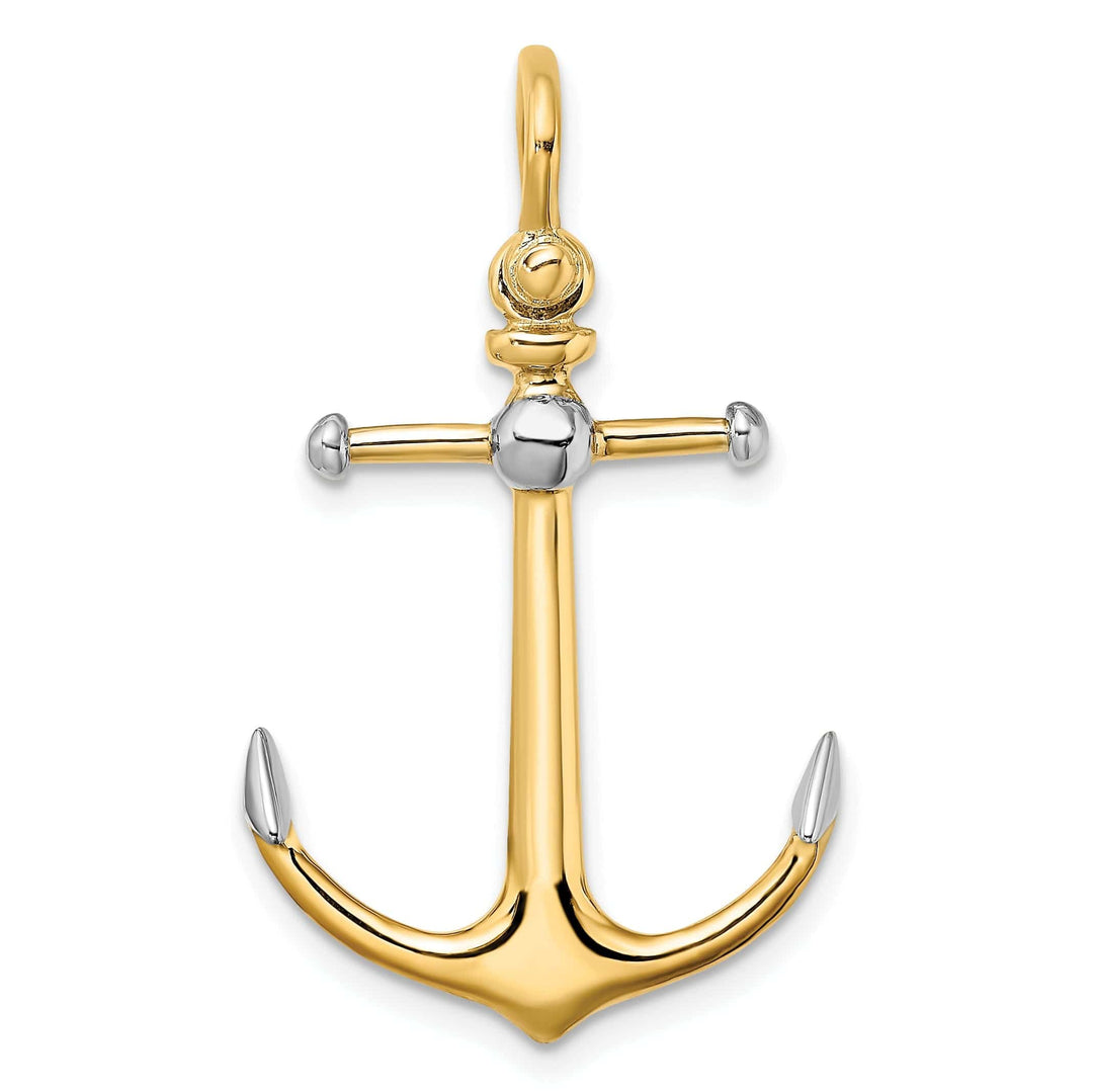 Lovely Rita's Pendants & Charms 14K Yellow Gold Rhodium Polished Finish 3-Dimensional Anchor with Long T Bar and Shackle Bail Charm Pendant