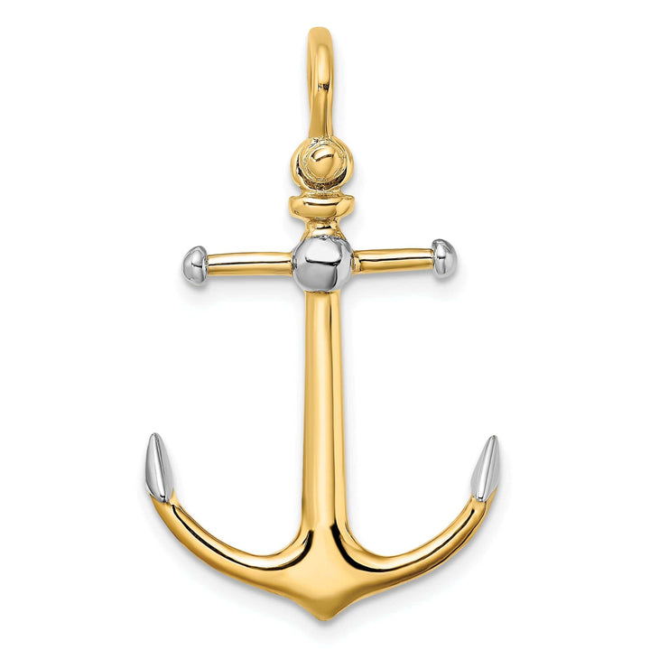 Lovely Rita's Pendants & Charms 14K Yellow Gold Rhodium Polished Finish 3-Dimensional Anchor with Long T Bar and Shackle Bail Charm Pendant