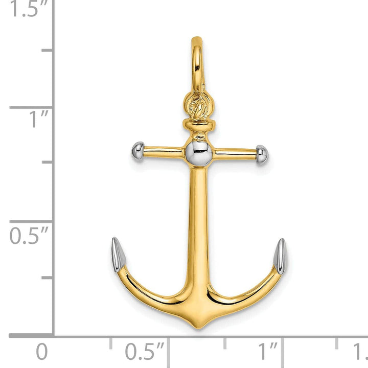 Lovely Rita's Pendants & Charms 14K Yellow Gold Rhodium Polished Finish 3-Dimensional Anchor with Long T Bar and Shackle Bail Charm Pendant