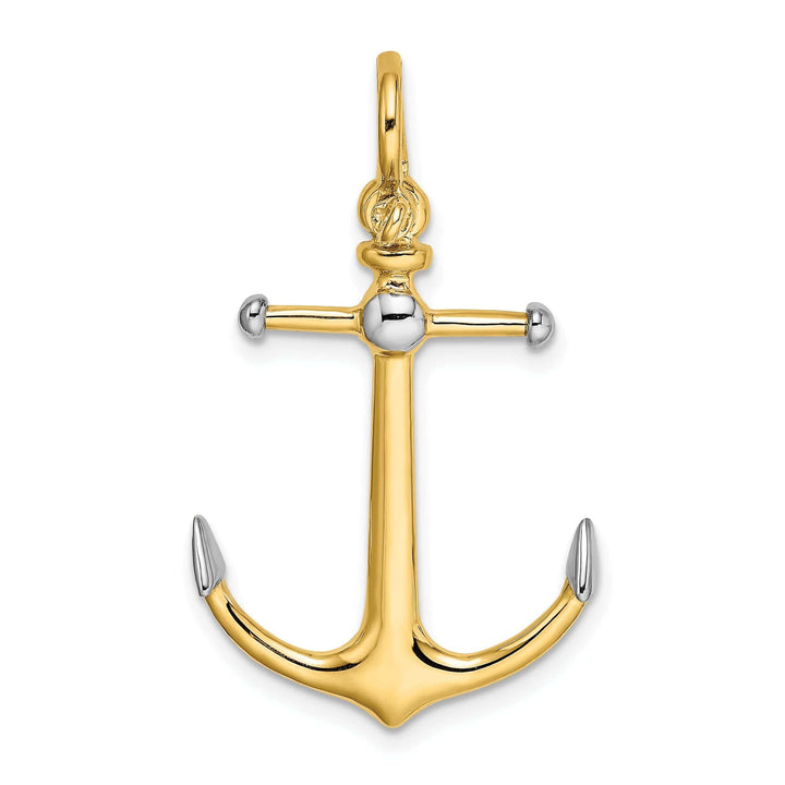 Lovely Rita's Pendants & Charms 14K Yellow Gold Rhodium Polished Finish 3-Dimensional Anchor with Long T Bar and Shackle Bail Charm Pendant
