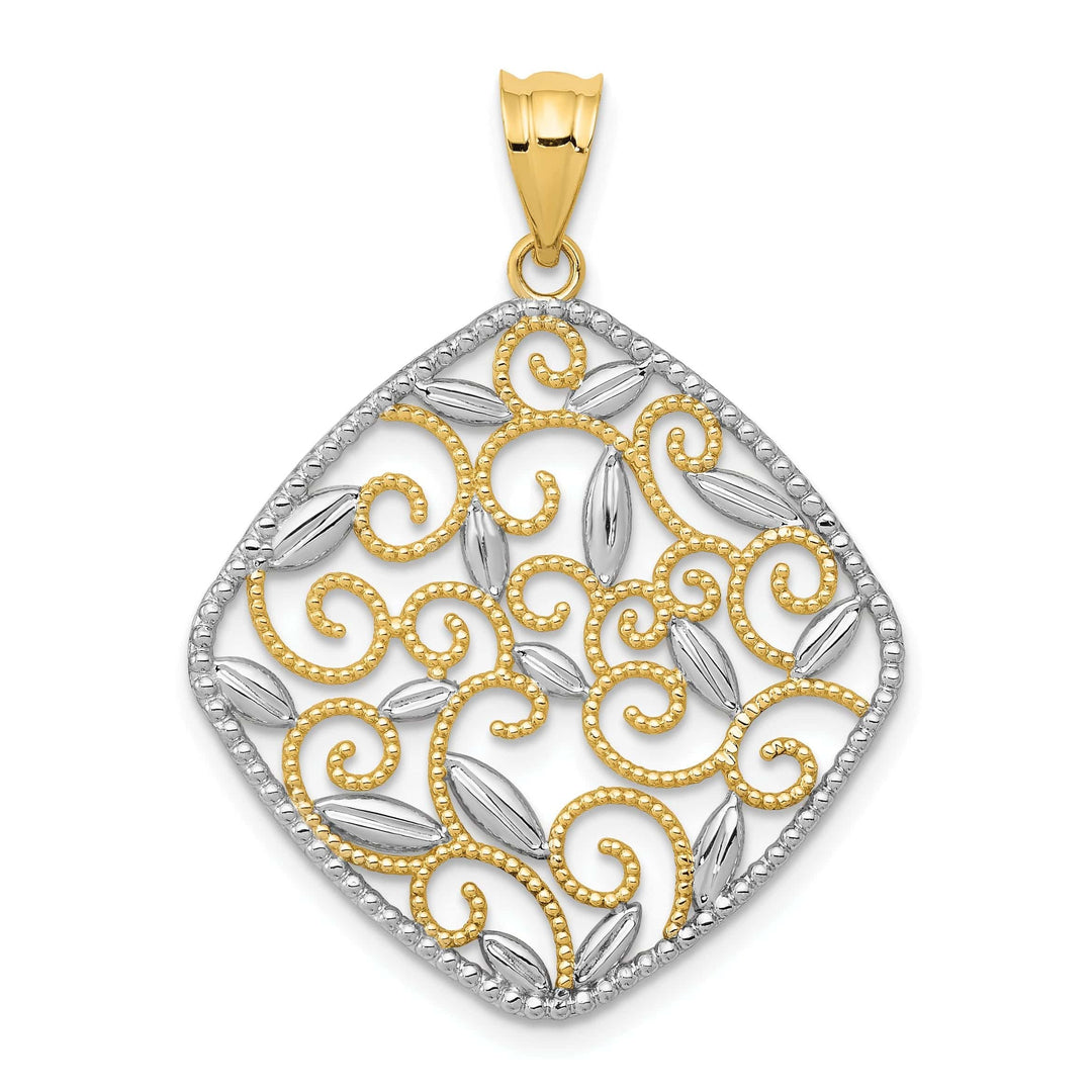 Lovely Rita's Pendants & Charms 14K Yellow Gold Rhodium Solid D.C Polished Finish Filigree Swirl Beaded Design Pendant