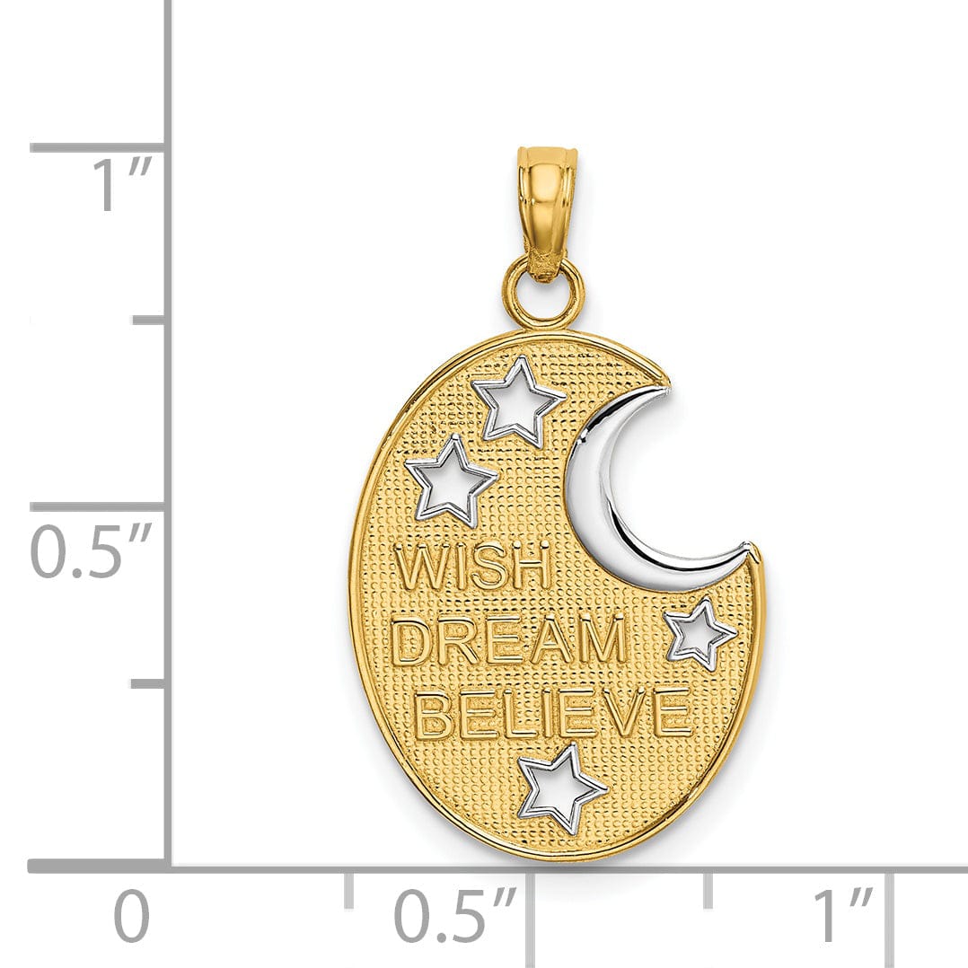 Lovely Rita's Pendants & Charms 14k Yellow Gold Rhodium Textured Polished Finish WISH DREAM BELIEVE Moon and Stars Design Charm