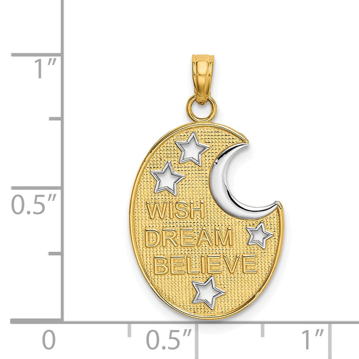Lovely Rita's Pendants & Charms 14k Yellow Gold Rhodium Textured Polished Finish WISH DREAM BELIEVE Moon and Stars Design Charm