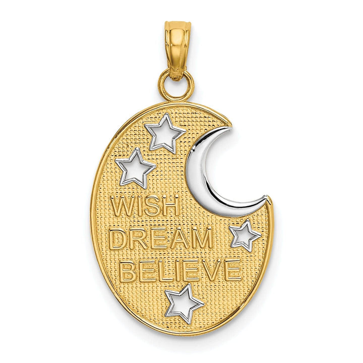 Lovely Rita's Pendants & Charms 14k Yellow Gold Rhodium Textured Polished Finish WISH DREAM BELIEVE Moon and Stars Design Charm