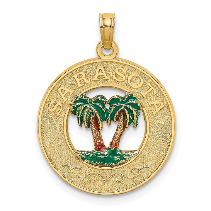 Lovely Rita's Pendants & Charms 14K Yellow Gold SARSOTA Double Palm Trees Circle Pendant