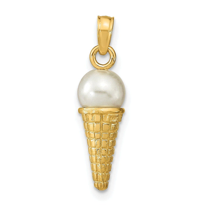 Lovely Rita's Pendants & Charms 14K Yellow Gold Satin Polished Finish 3-D with White Bead Ice Cream Cone Charm