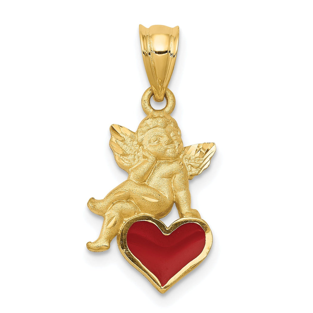Lovely Rita's Pendants & Charms 14k Yellow Gold Satin Red Enameled Finish Angel on Heart Pendant