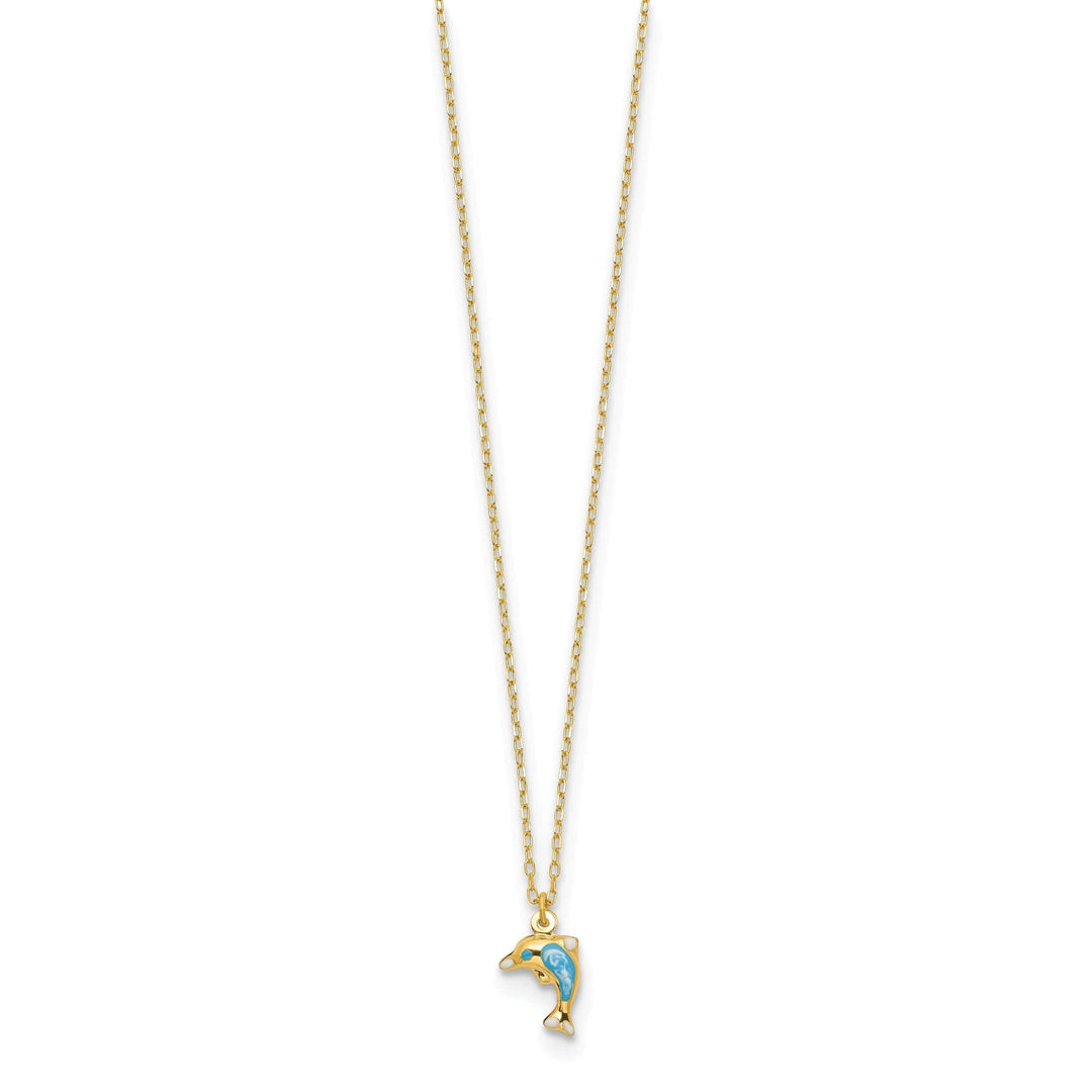 Lovely Rita's Pendants & Charms 14k Yellow Gold Semi-Solid Polished White, Blue Enameled Finish 3-Dimensional Dolphin Pendant in a 16.5-inch Cable Chain Necklace Set