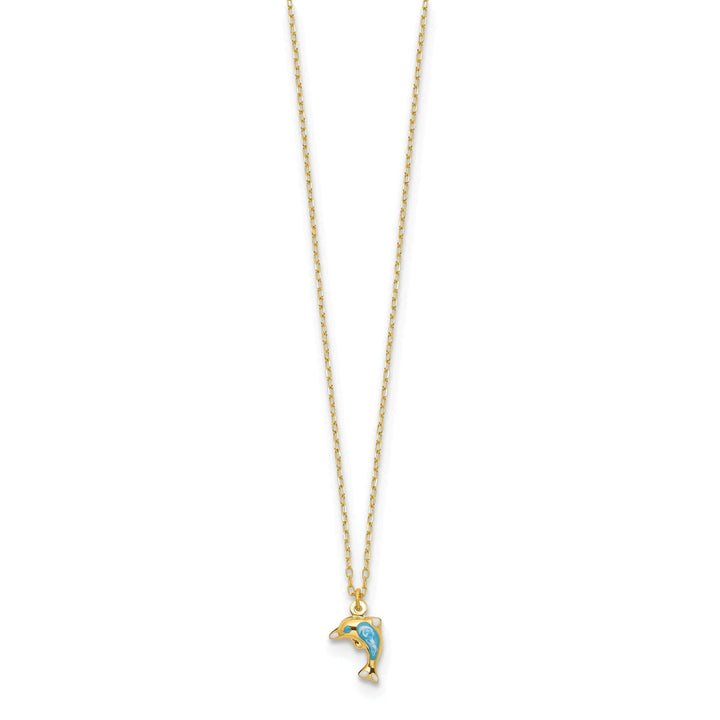 Lovely Rita's Pendants & Charms 14k Yellow Gold Semi-Solid Polished White, Blue Enameled Finish 3-Dimensional Dolphin Pendant in a 16.5-inch Cable Chain Necklace Set