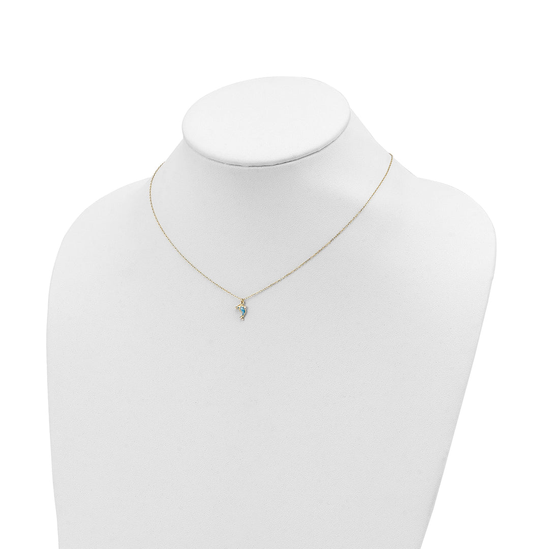 Lovely Rita's Pendants & Charms 14k Yellow Gold Semi-Solid Polished White, Blue Enameled Finish 3-Dimensional Dolphin Pendant in a 16.5-inch Cable Chain Necklace Set