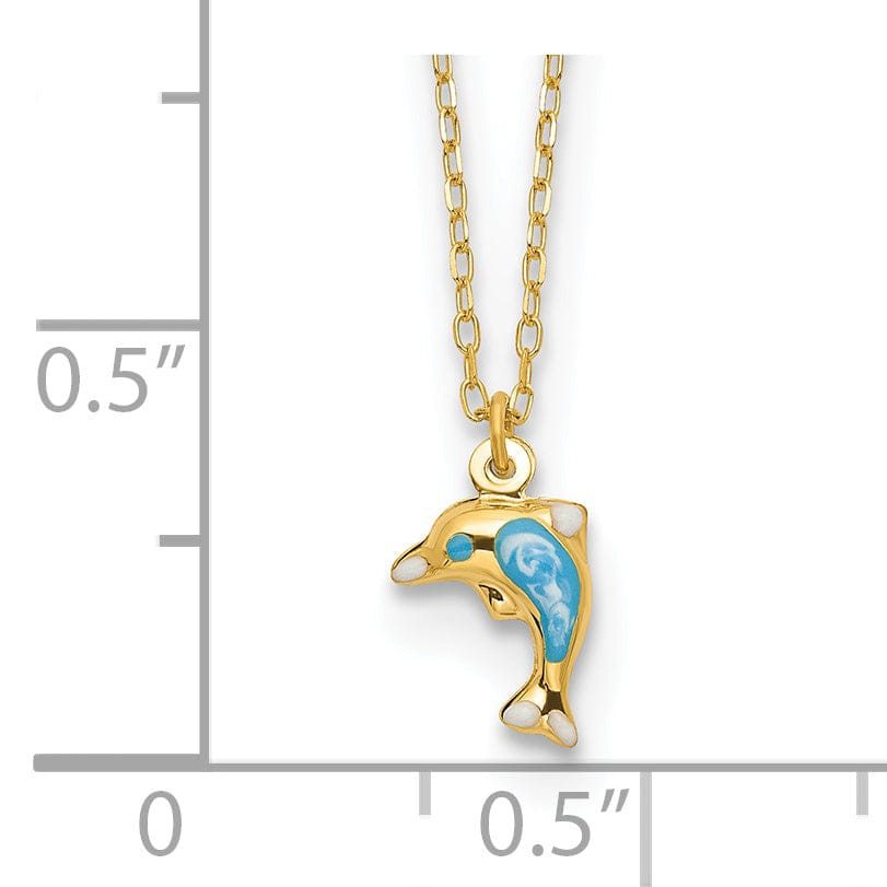 Lovely Rita's Pendants & Charms 14k Yellow Gold Semi-Solid Polished White, Blue Enameled Finish 3-Dimensional Dolphin Pendant in a 16.5-inch Cable Chain Necklace Set