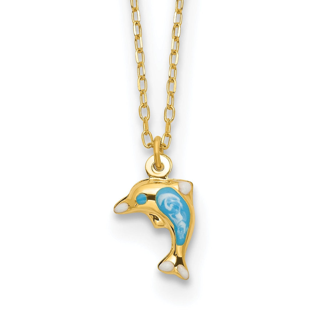 Lovely Rita's Pendants & Charms 14k Yellow Gold Semi-Solid Polished White, Blue Enameled Finish 3-Dimensional Dolphin Pendant in a 16.5-inch Cable Chain Necklace Set