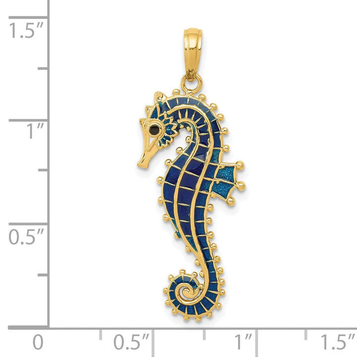Lovely Rita's Pendants & Charms 14k Yellow Gold Solid 3-D Texture Polished Blue Enameled Finish Seahorse Pendant