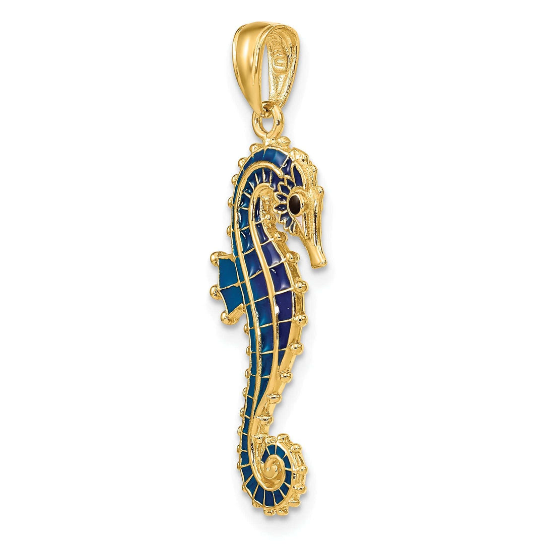 Lovely Rita's Pendants & Charms 14k Yellow Gold Solid 3-D Texture Polished Blue Enameled Finish Seahorse Pendant