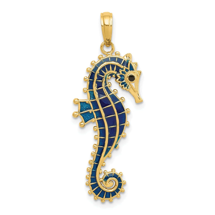 Lovely Rita's Pendants & Charms 14k Yellow Gold Solid 3-D Texture Polished Blue Enameled Finish Seahorse Pendant