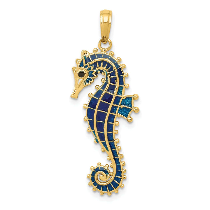 Lovely Rita's Pendants & Charms 14k Yellow Gold Solid 3-D Texture Polished Blue Enameled Finish Seahorse Pendant