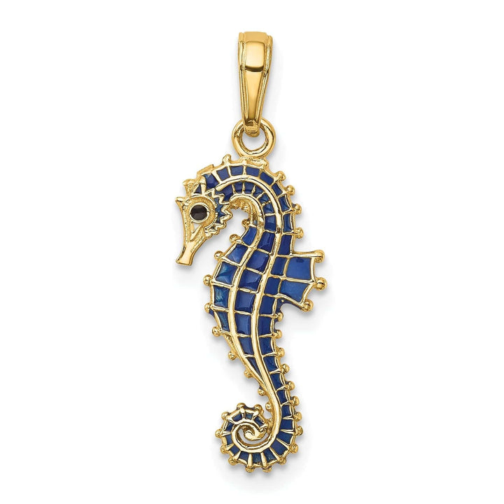 Lovely Rita's Pendants & Charms 14k Yellow Gold Solid 3-Dimensional Textured Polished Blue Enameled Finish Men's Seahorse Charm Pendant