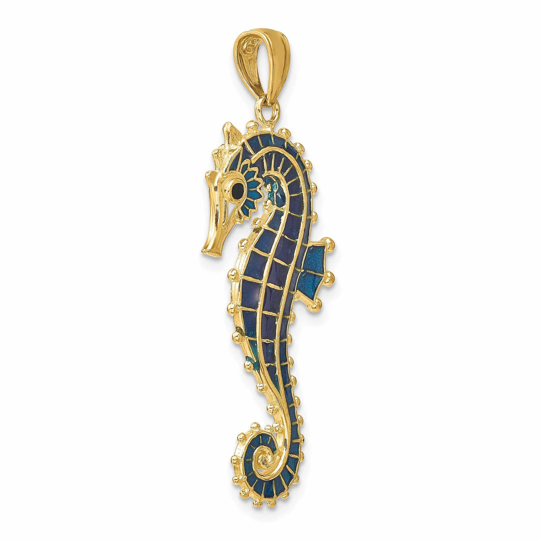 Lovely Rita's Pendants & Charms 14k Yellow Gold Solid 3-Dimensional Textured Polished Blue Enameled Finish Men's Seahorse Charm Pendant