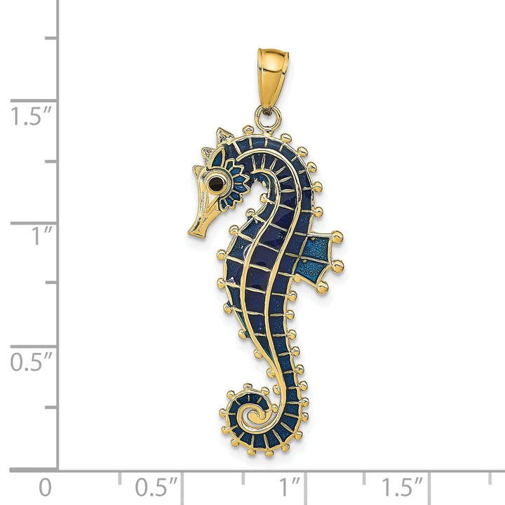 Lovely Rita's Pendants & Charms 14k Yellow Gold Solid 3-Dimensional Textured Polished Blue Enameled Finish Men's Seahorse Charm Pendant