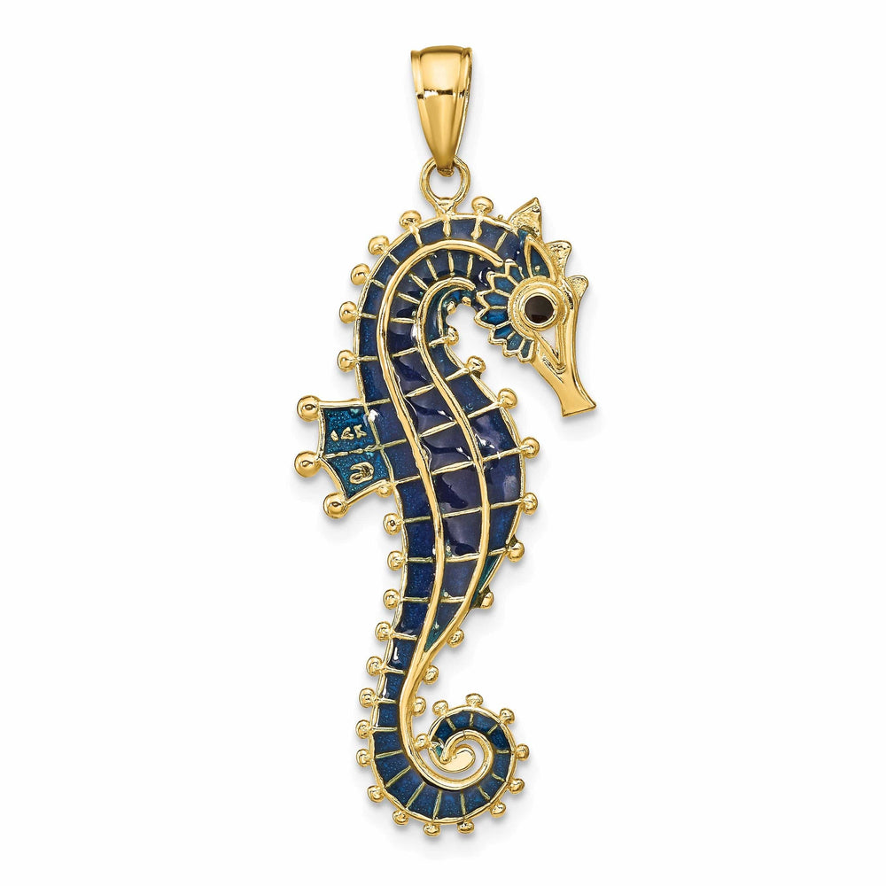 Lovely Rita's Pendants & Charms 14k Yellow Gold Solid 3-Dimensional Textured Polished Blue Enameled Finish Men's Seahorse Charm Pendant