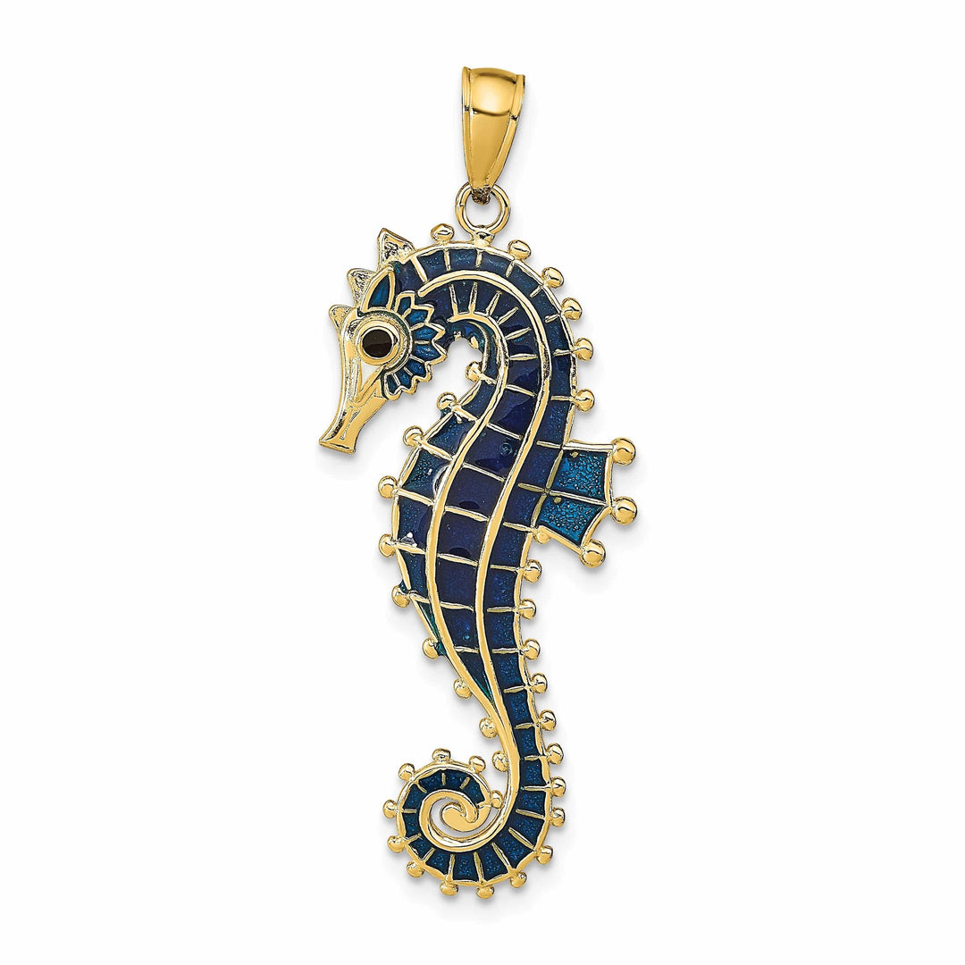Lovely Rita's Pendants & Charms 14k Yellow Gold Solid 3-Dimensional Textured Polished Blue Enameled Finish Men's Seahorse Charm Pendant