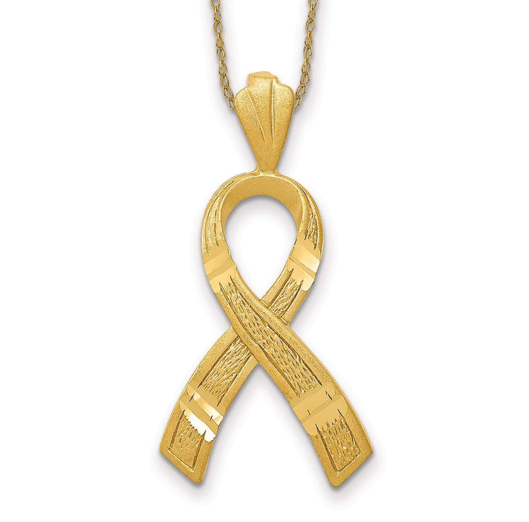 Lovely Rita's Pendants & Charms 14k Yellow Gold Solid Brushed Diamond Cut Finish Awareness Ribbon with 18-inch Rope Style Chain Necklace