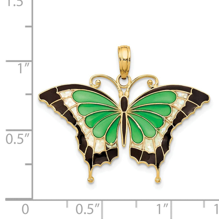 Lovely Rita's Pendants & Charms 14K Yellow Gold Solid Casted Open Back Polished Finis Green Enameled Butterly Charm Pendant