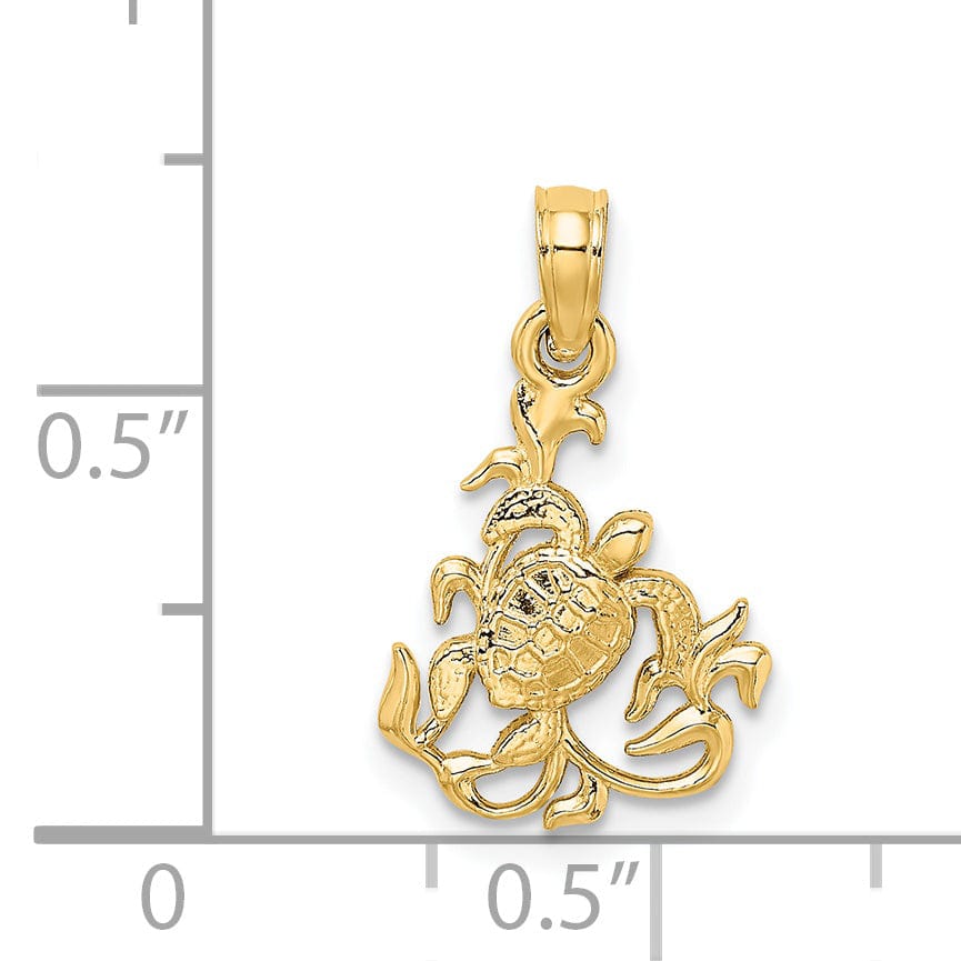Lovely Rita's Pendants & Charms 14k Yellow Gold Solid Casted Polished and Textured Finish Mini Sea Turtle and Kelp Charm Pendant