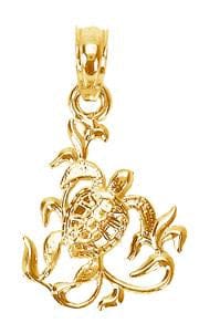 Lovely Rita's Pendants & Charms 14k Yellow Gold Solid Casted Polished and Textured Finish Mini Sea Turtle and Kelp Charm Pendant