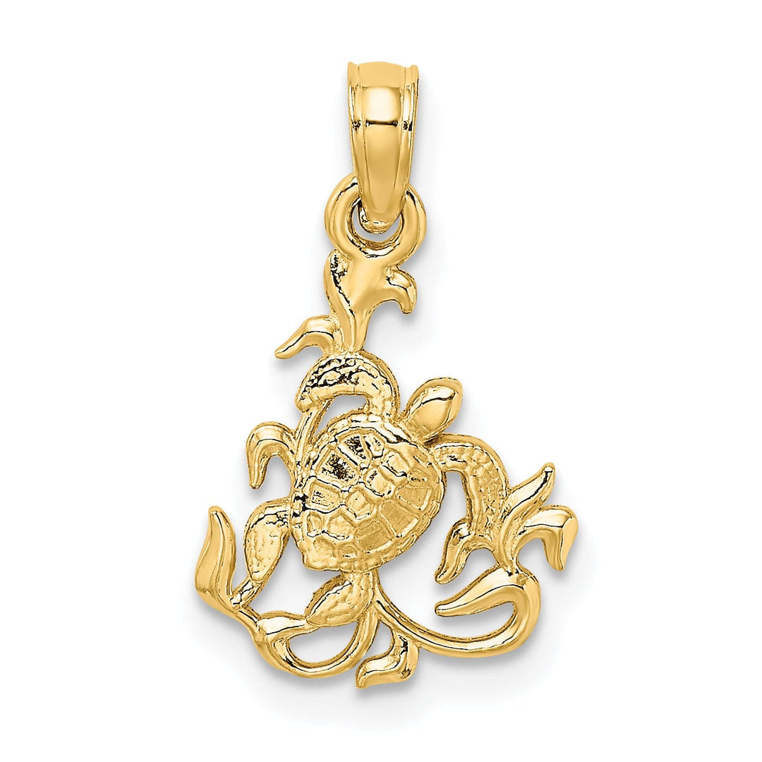 Lovely Rita's Pendants & Charms 14k Yellow Gold Solid Casted Polished and Textured Finish Mini Sea Turtle and Kelp Charm Pendant