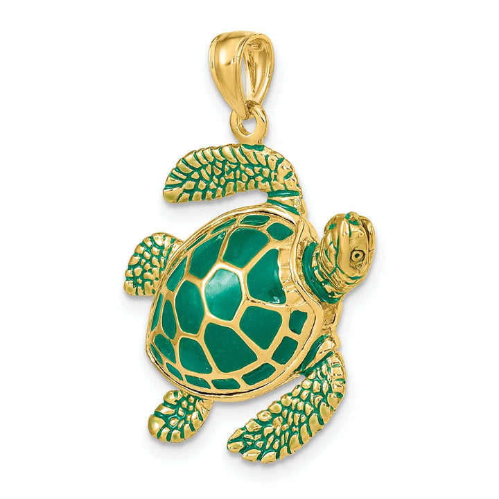 Lovely Rita's Pendants & Charms 14k Yellow Gold Solid Casted Polished Finish 3D Green Enamel Large Sea Turtle Charm Pendant