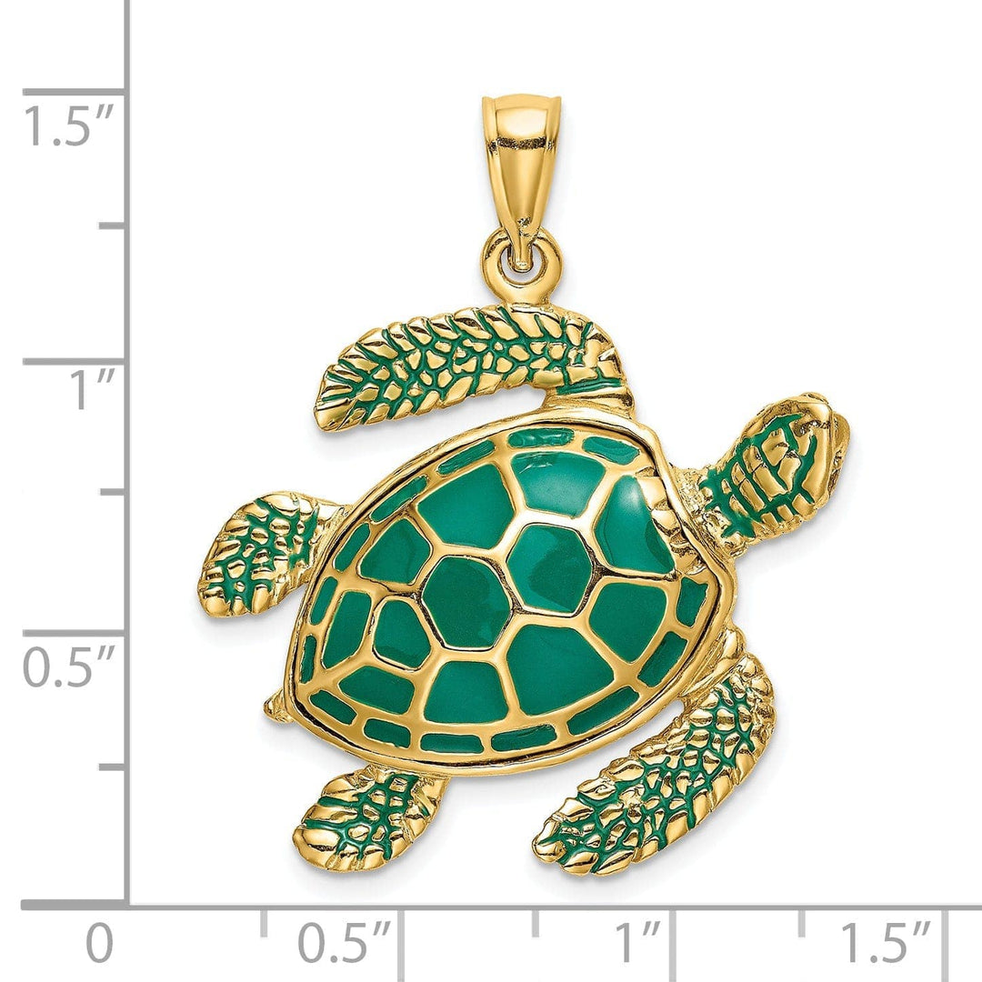Lovely Rita's Pendants & Charms 14k Yellow Gold Solid Casted Polished Finish 3D Green Enamel Large Sea Turtle Charm Pendant