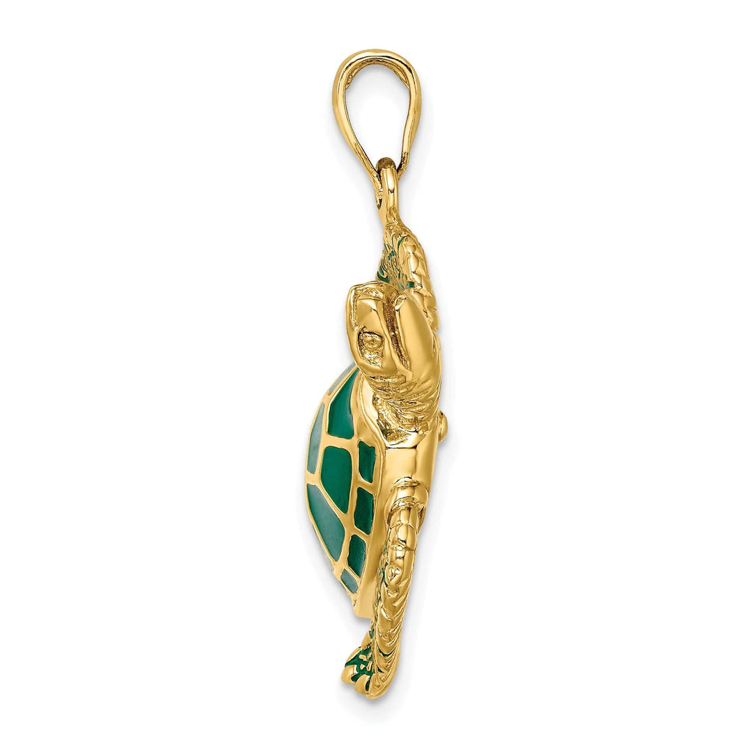 Lovely Rita's Pendants & Charms 14k Yellow Gold Solid Casted Polished Finish 3D Green Enamel Large Sea Turtle Charm Pendant