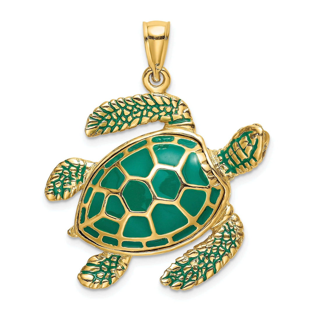 Lovely Rita's Pendants & Charms 14k Yellow Gold Solid Casted Polished Finish 3D Green Enamel Large Sea Turtle Charm Pendant