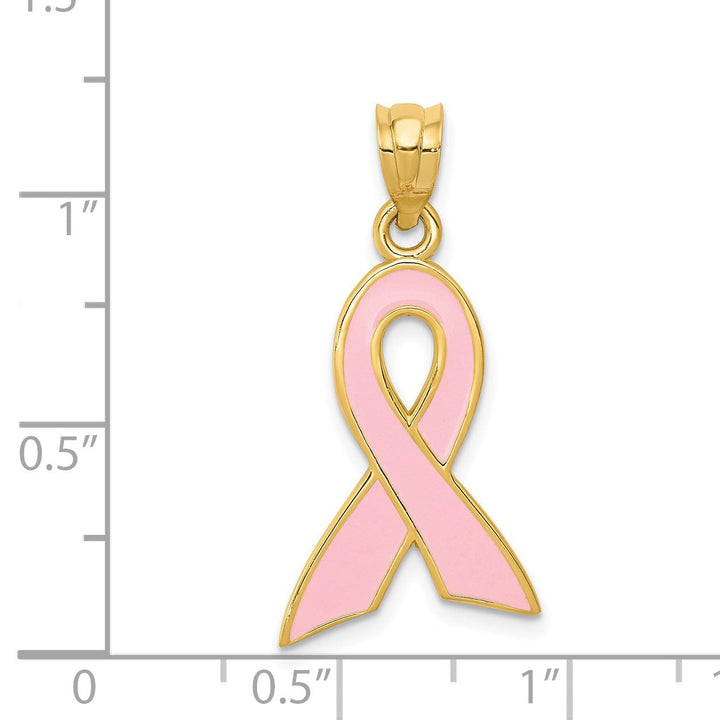 Lovely Rita's Pendants & Charms 14k Yellow Gold Solid Large Size Polished Textured Pink Enameled Finish Awareness Ribbon Charm Pendant