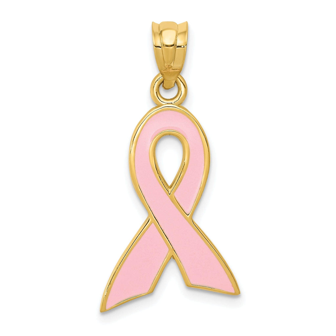 Lovely Rita's Pendants & Charms 14k Yellow Gold Solid Large Size Polished Textured Pink Enameled Finish Awareness Ribbon Charm Pendant