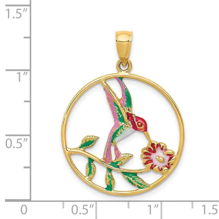 Lovely Rita's Pendants & Charms 14K Yellow Gold Solid Multi Color Enamel Polished Finish Hummingbird with Flower Design in Round Frame Shape Circle Pendant