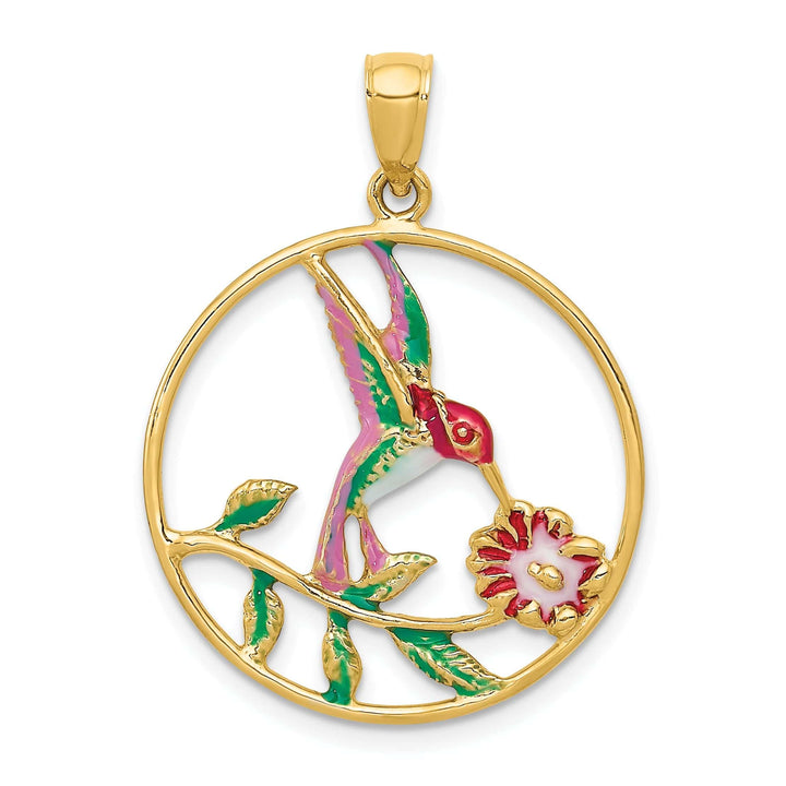 Lovely Rita's Pendants & Charms 14K Yellow Gold Solid Multi Color Enamel Polished Finish Hummingbird with Flower Design in Round Frame Shape Circle Pendant